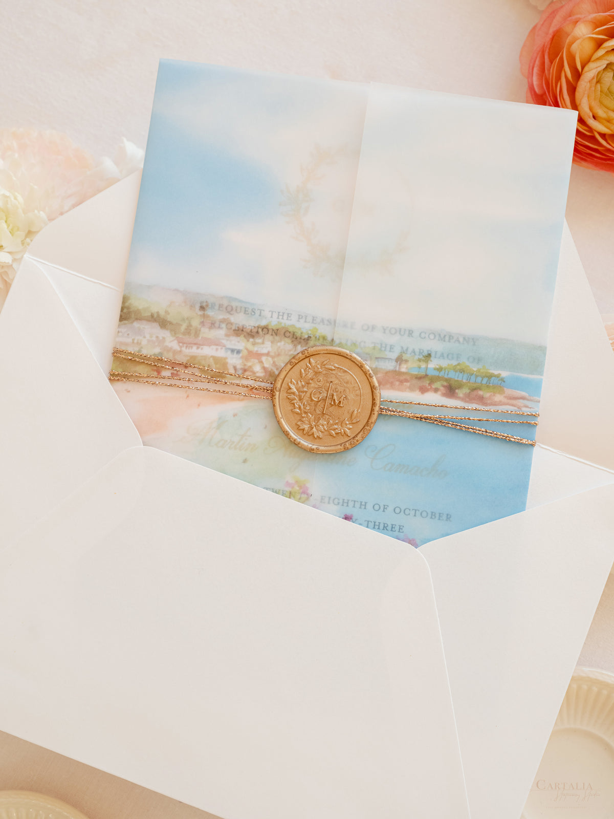Acquerello l'invito per la tua sede su pergamena con sigillo in ceralacca Suite per invito a nozze | CAMPIONE