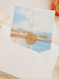 Acquerello l'invito per la tua sede su pergamena con sigillo in ceralacca Suite per invito a nozze | CAMPIONE
