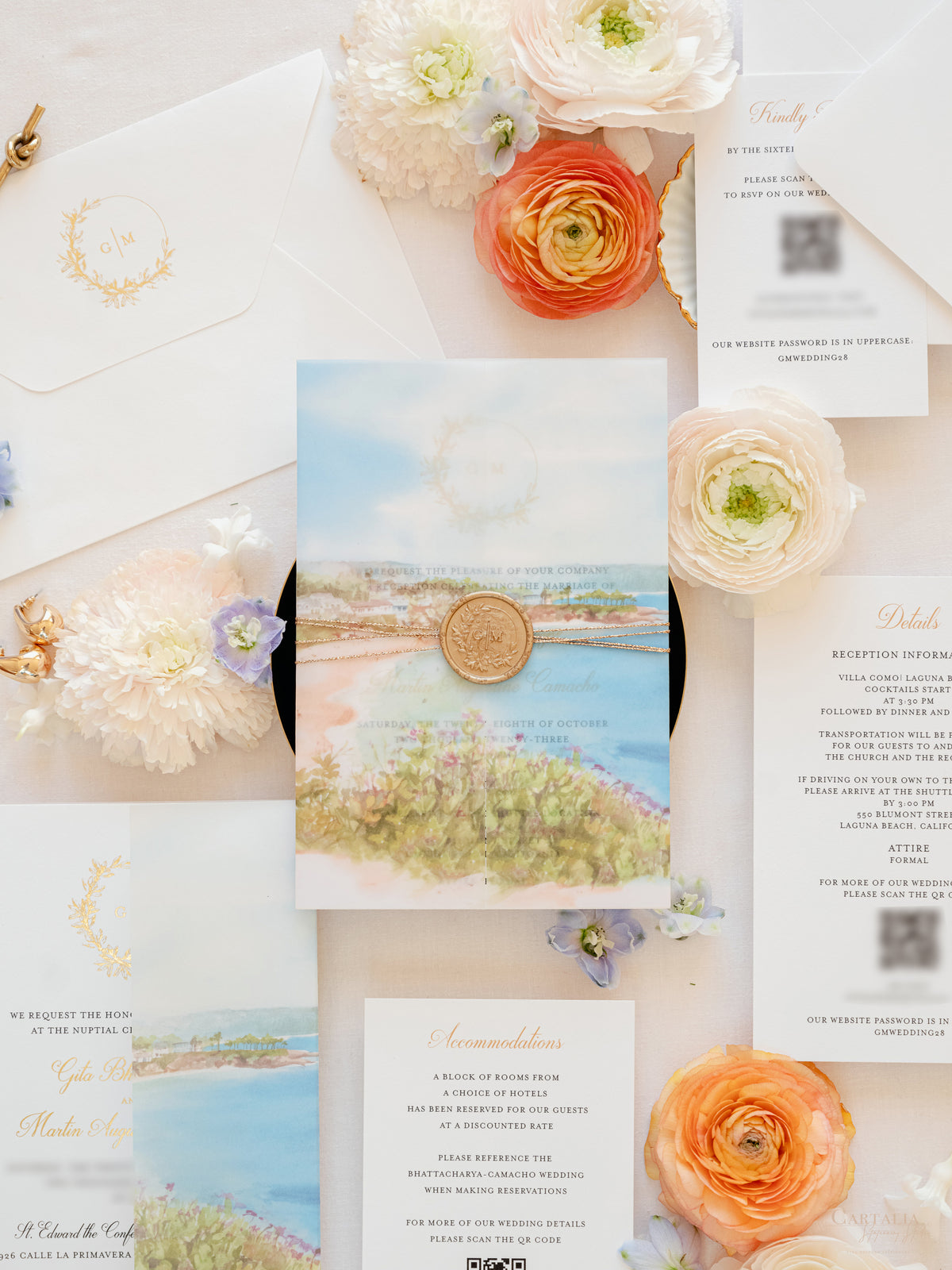 Acquerello l'invito per la tua sede su pergamena con sigillo in ceralacca Suite per invito a nozze | CAMPIONE