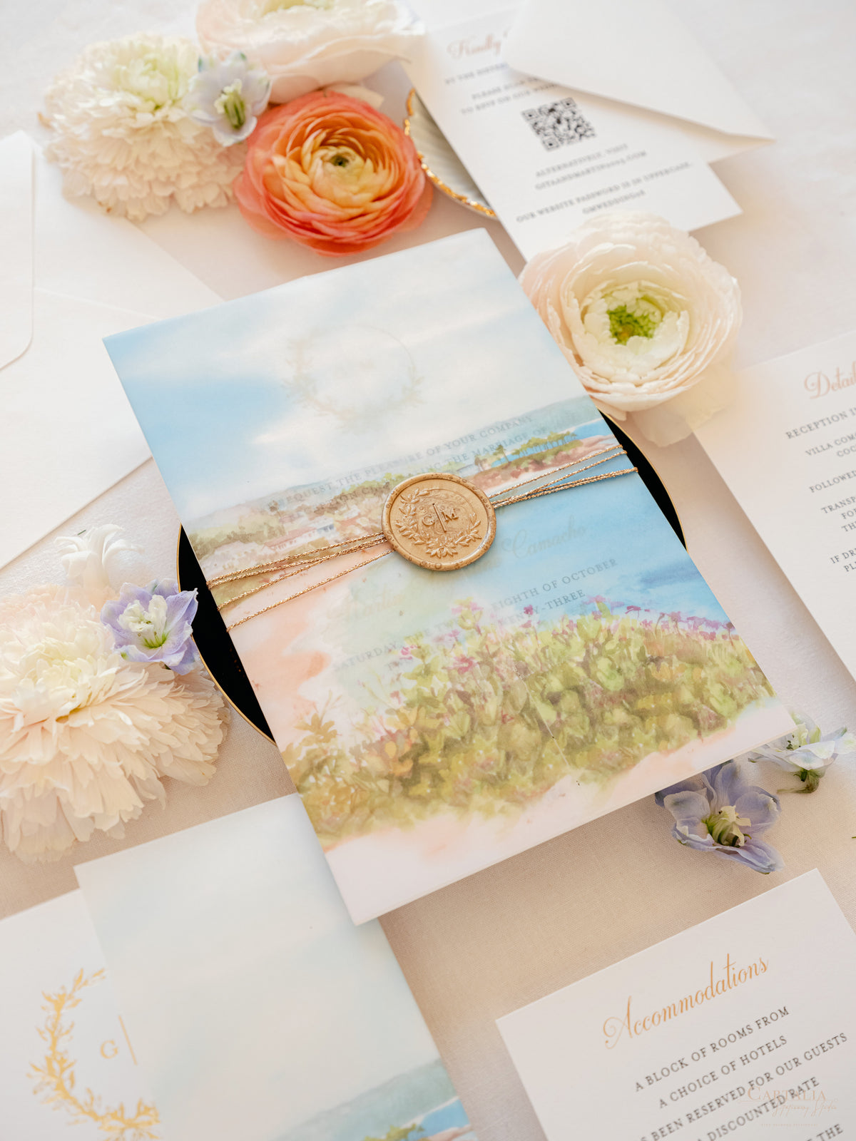 Acquerello l'invito per la tua sede su pergamena con sigillo in ceralacca Suite per invito a nozze | CAMPIONE