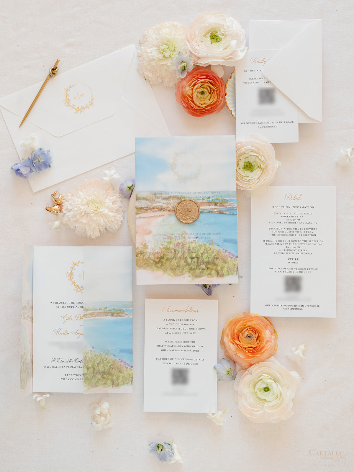 Acquerello l'invito per la tua sede su pergamena con sigillo in ceralacca Suite per invito a nozze | CAMPIONE