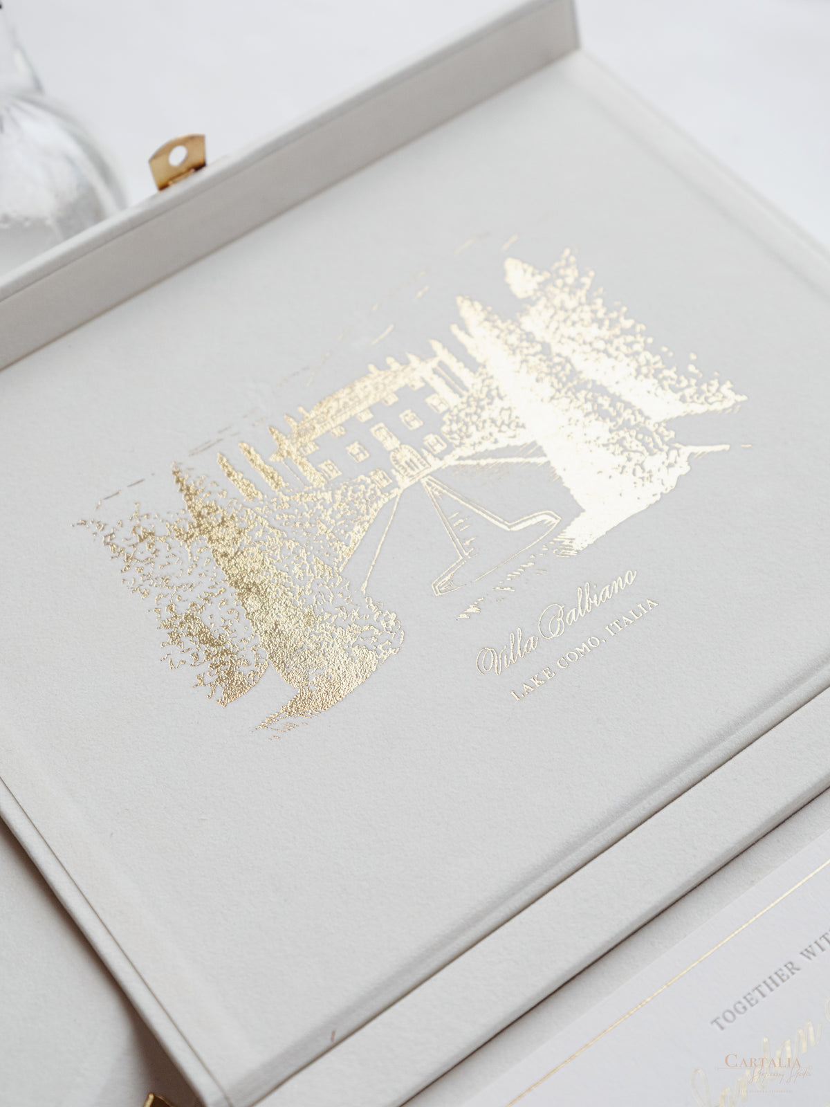 Luxury Velvet Hard Back Box & Tassel Invitation with Gold Foil Venue | Bespoke Commission G&P | Villa Balbiano, Lake Como