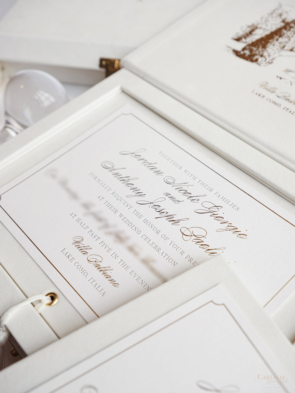 Luxury Velvet Hard Back Box & Tassel Invitation with Gold Foil Venue | Bespoke Commission G&P | Villa Balbiano, Lake Como