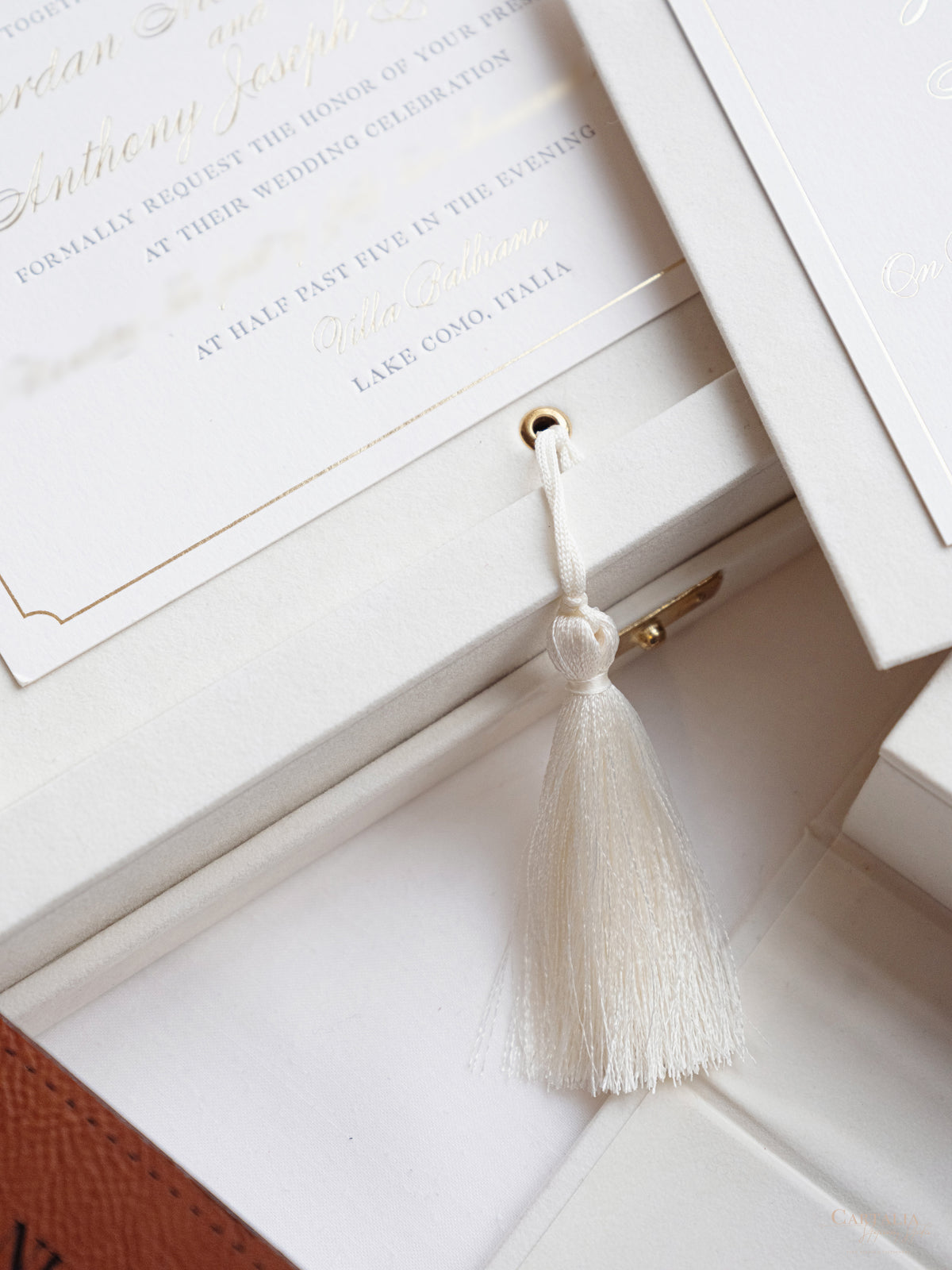 Luxury Velvet Hard Back Box & Tassel Invitation with Gold Foil Venue | Bespoke Commission G&P | Villa Balbiano, Lake Como