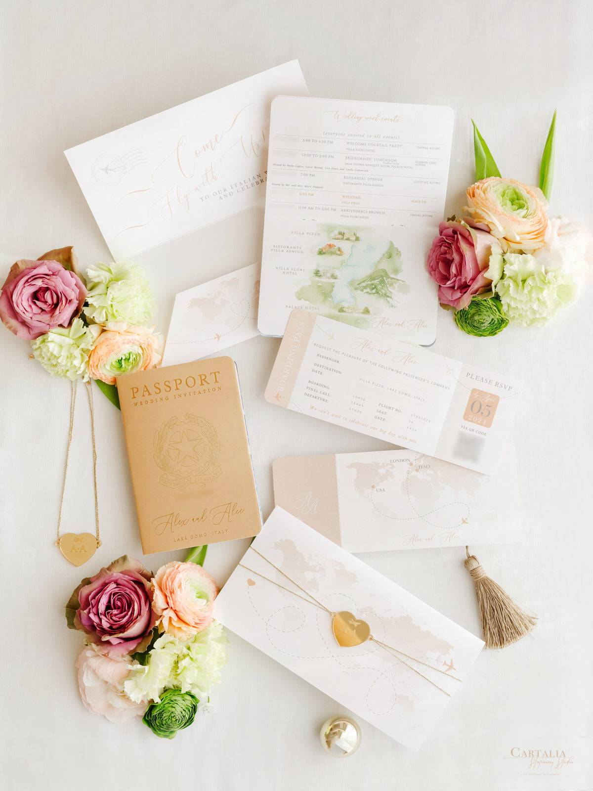 Italian Wedding Vegan Leather Passport with Gold Foil & Personal Engraving | Villa Pizzo Lake Como Watercolor Map