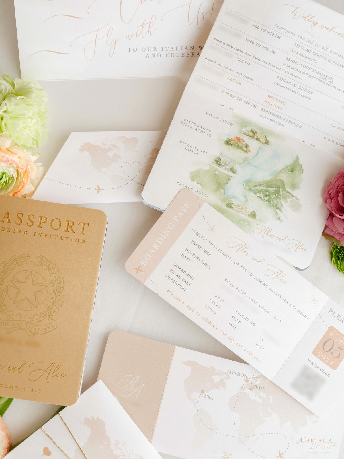 Italian Wedding Vegan Leather Passport with Gold Foil & Personal Engraving | Villa Pizzo Lake Como Watercolor Map