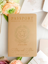 Italian Wedding Vegan Leather Passport with Gold Foil & Personal Engraving | Villa Pizzo Lake Como Watercolor Map