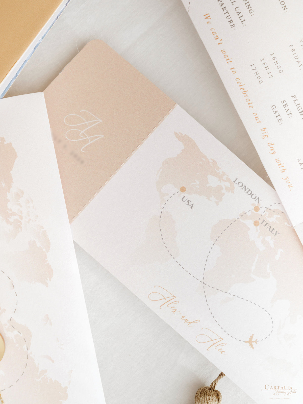 Italian Wedding Vegan Leather Passport with Gold Foil & Personal Engraving | Villa Pizzo Lake Como Watercolor Map