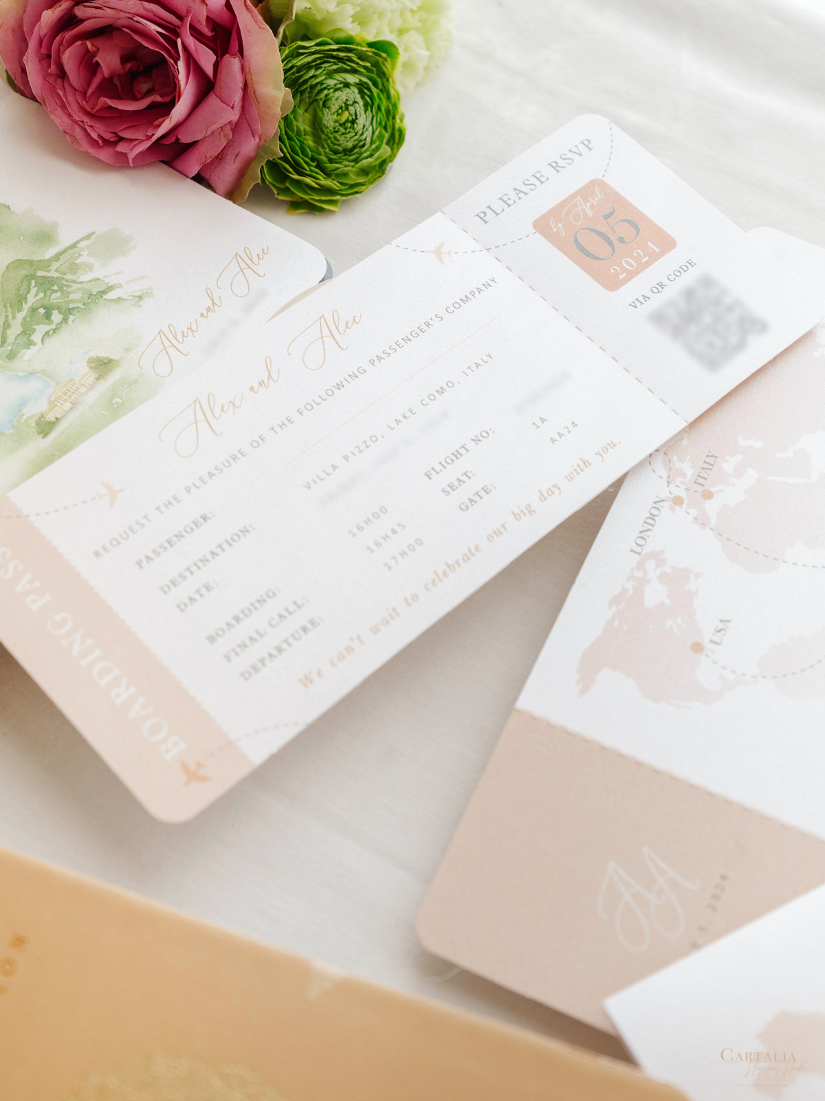 Italian Wedding Vegan Leather Passport with Gold Foil & Personal Engraving | Villa Pizzo Lake Como Watercolor Map