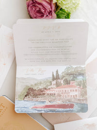 Italian Wedding Vegan Leather Passport with Gold Foil & Personal Engraving | Villa Pizzo Lake Como Watercolor Map