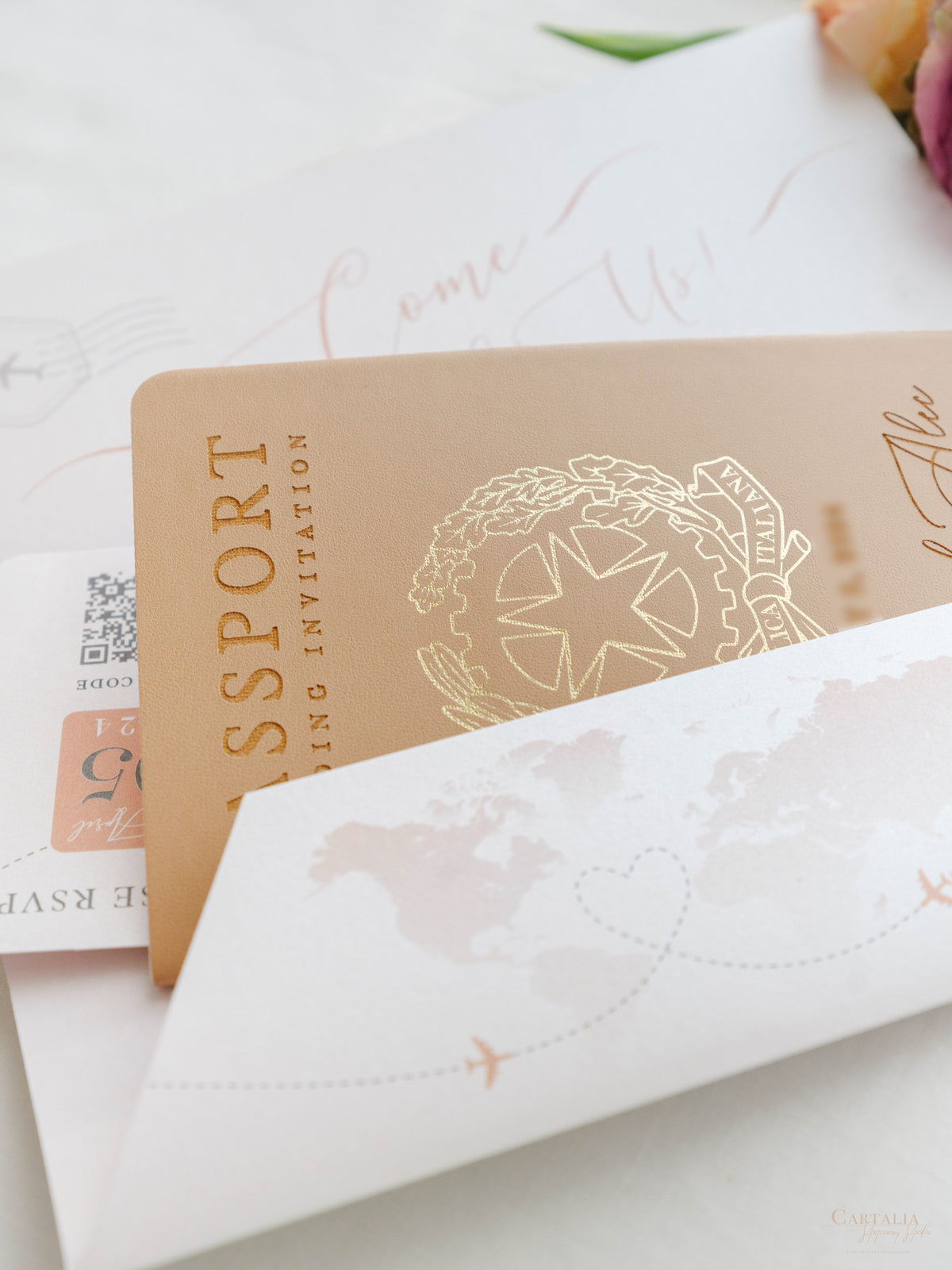 Italian Wedding Vegan Leather Passport with Gold Foil & Personal Engraving | Villa Pizzo Lake Como Watercolor Map