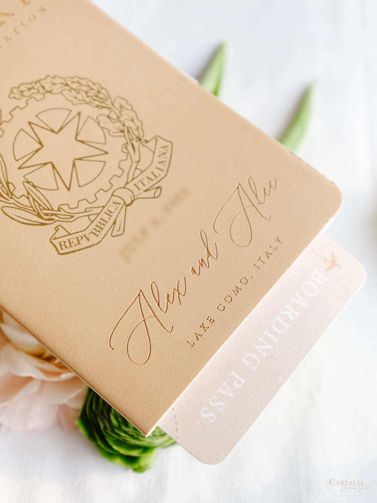 Italian Wedding Vegan Leather Passport with Gold Foil & Personal Engraving | Villa Pizzo Lake Como Watercolor Map