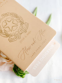 Italian Wedding Vegan Leather Passport with Gold Foil & Personal Engraving | Villa Pizzo Lake Como Watercolor Map