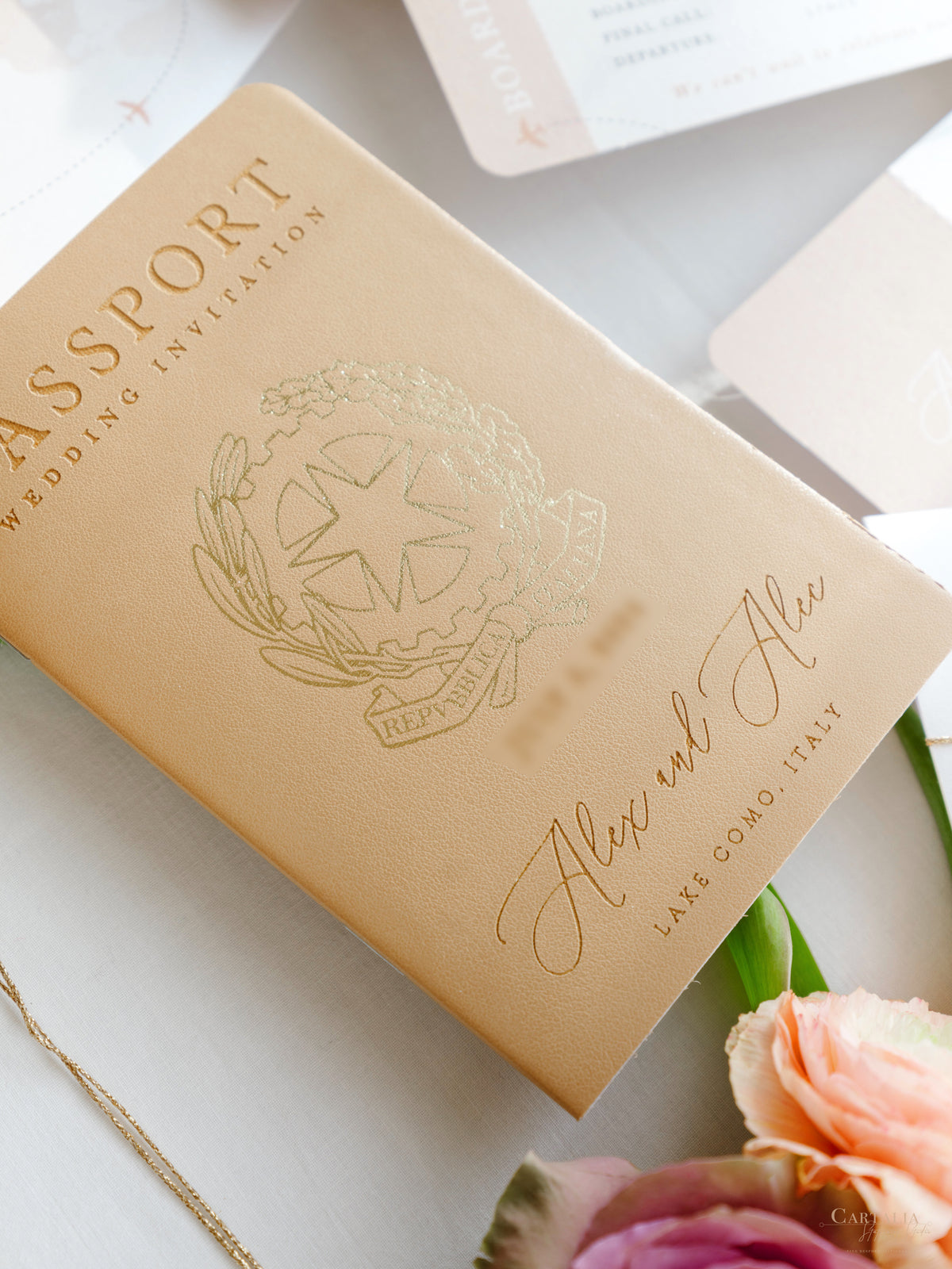 Italian Wedding Vegan Leather Passport with Gold Foil & Personal Engraving | Villa Pizzo Lake Como Watercolor Map