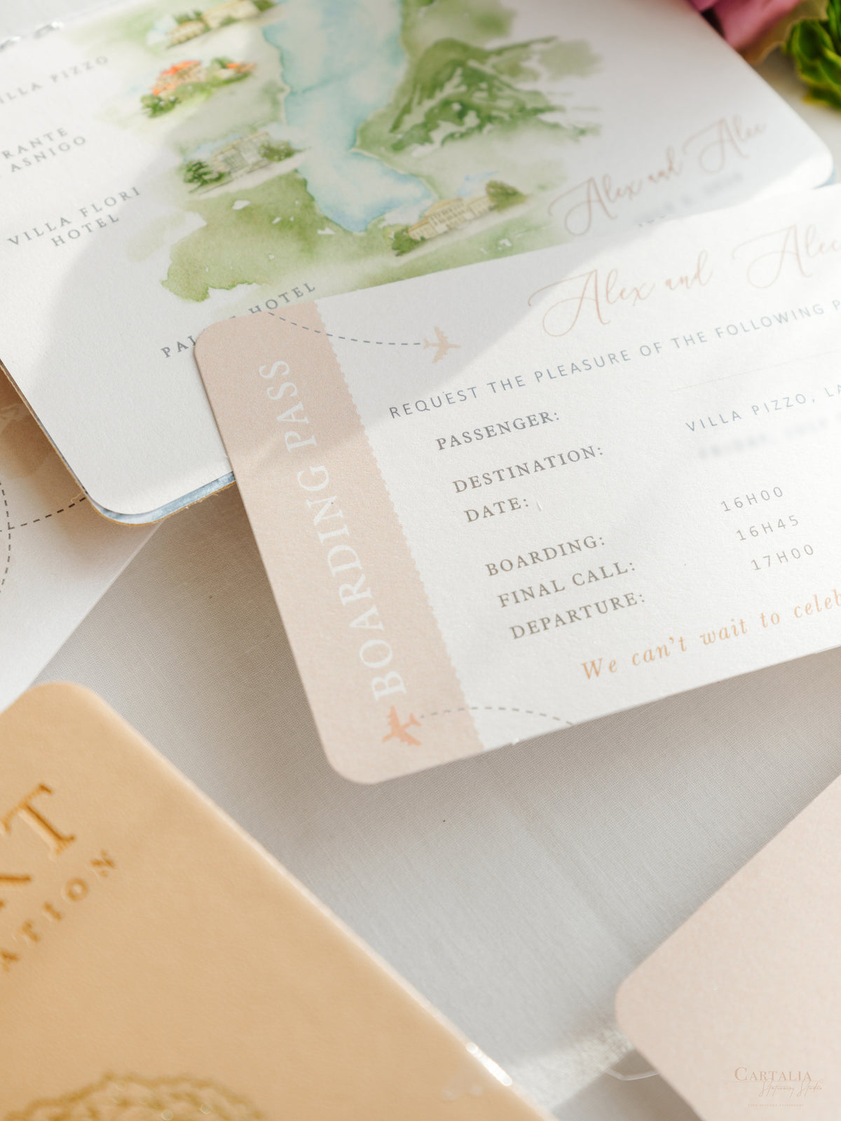 Italian Wedding Vegan Leather Passport with Gold Foil & Personal Engraving | Villa Pizzo Lake Como Watercolor Map