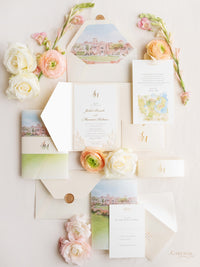 Illustrazione della sede del matrimonio personalizzata | Sede sventata Salva la data in lamina d'oro | CAMPIONE