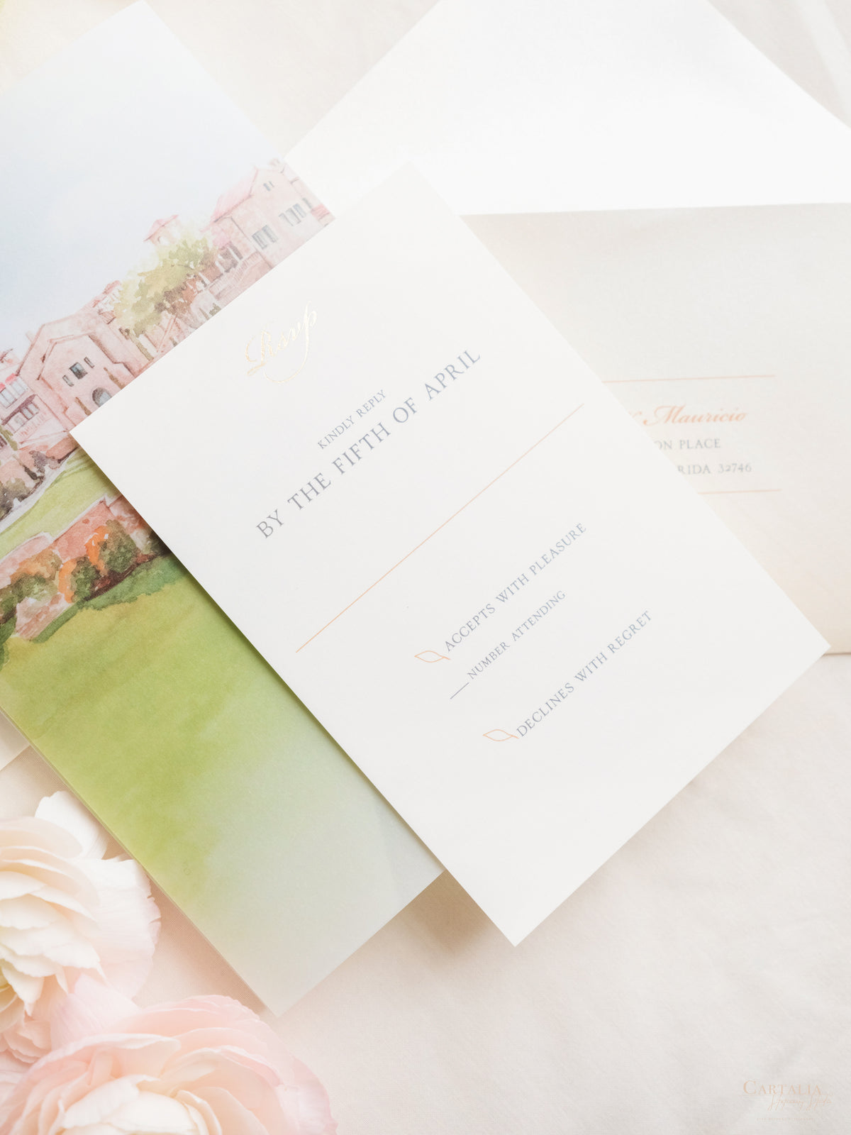 Illustrazione della sede del matrimonio personalizzata | Sede sventata Salva la data in lamina d'oro | CAMPIONE