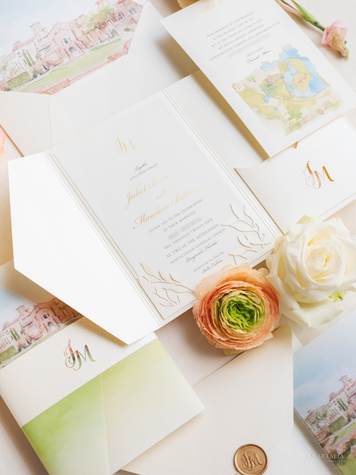 Illustrazione della sede del matrimonio personalizzata | Sede sventata Salva la data in lamina d'oro | CAMPIONE