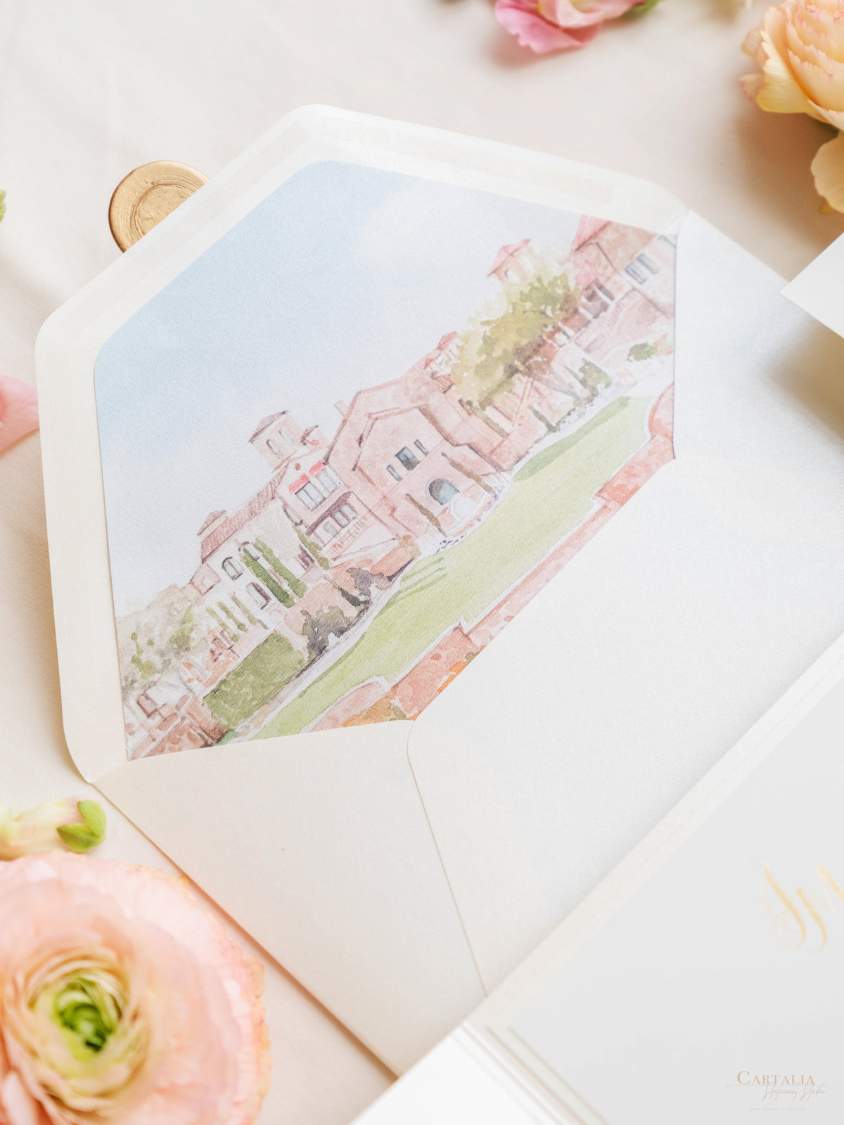 Illustrazione della sede del matrimonio personalizzata | Sede sventata Salva la data in lamina d'oro | CAMPIONE