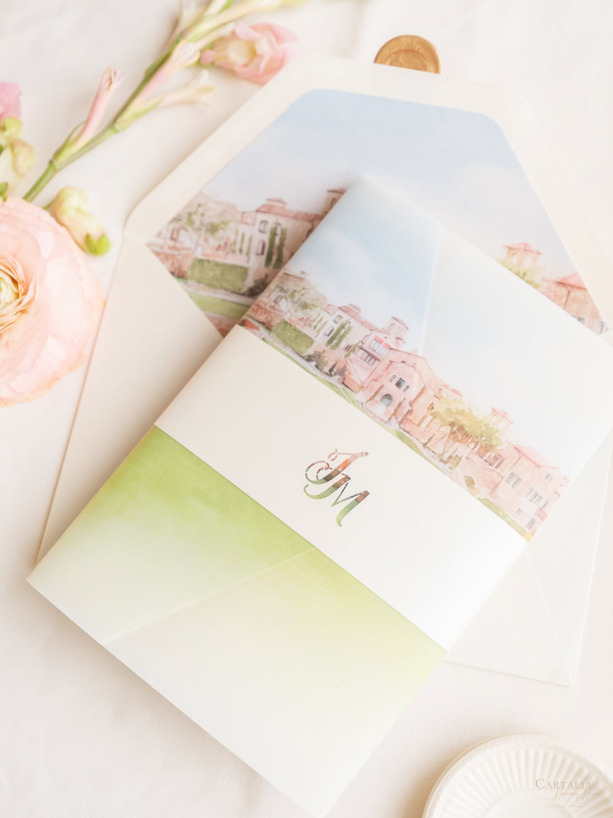 Illustrazione della sede del matrimonio personalizzata | Sede sventata Salva la data in lamina d'oro | CAMPIONE