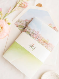 Illustrazione della sede del matrimonio personalizzata | Sede sventata Salva la data in lamina d'oro | CAMPIONE