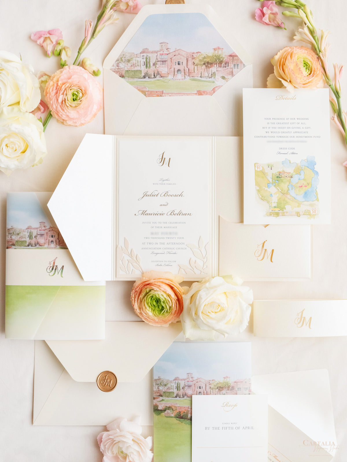 Illustrazione della sede del matrimonio personalizzata | Sede sventata Salva la data in lamina d'oro | CAMPIONE