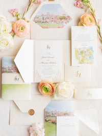 Illustrazione della sede del matrimonio personalizzata | Sede sventata Salva la data in lamina d'oro | CAMPIONE