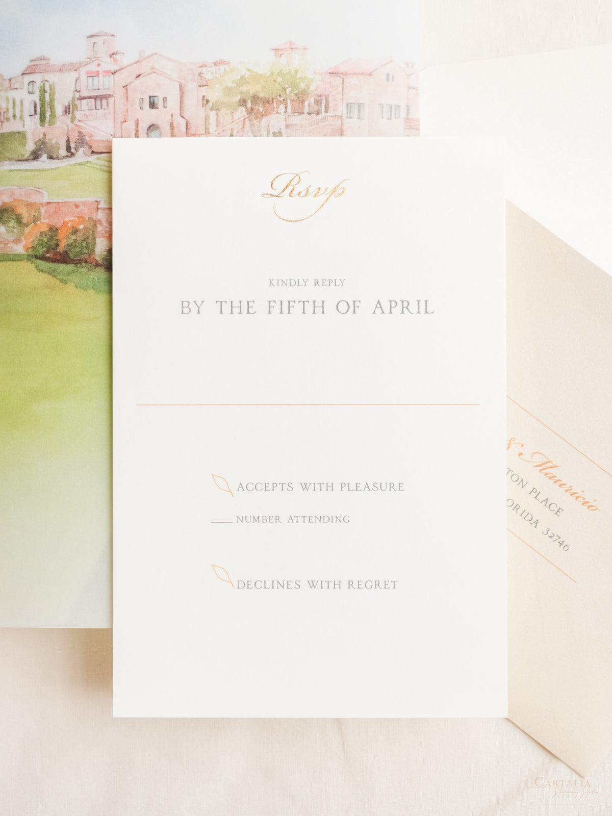 Illustrazione della sede del matrimonio personalizzata | Sede sventata Salva la data in lamina d'oro | CAMPIONE