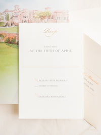 Illustrazione della sede del matrimonio personalizzata | Sede sventata Salva la data in lamina d'oro | CAMPIONE