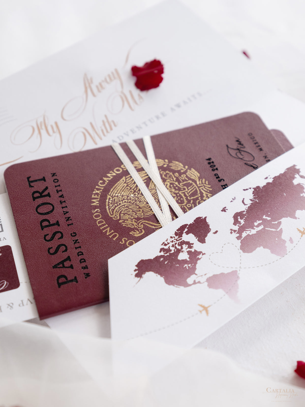 Portafoglio da viaggio di destinazione di lusso | Portafoglio da viaggio per passaporto aereo in lamina d'oro inciso con plexi: invito per passaporto di nozze di lusso