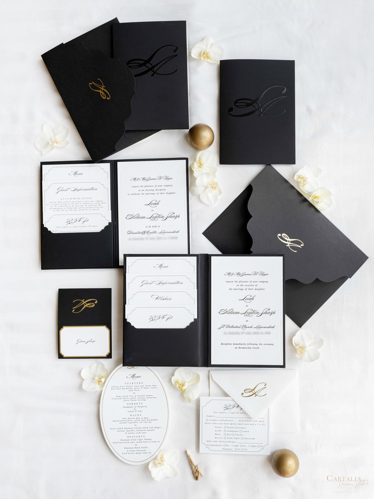 Black Hardcover Booklet Suite with Embossed Monogram & Letterpress | Bespoke Commission L&A