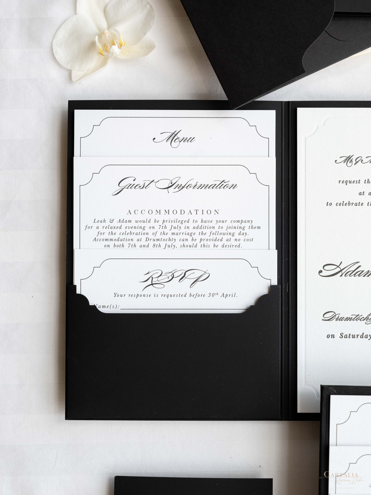 Black Hardcover Booklet Suite with Embossed Monogram & Letterpress | Bespoke Commission L&A