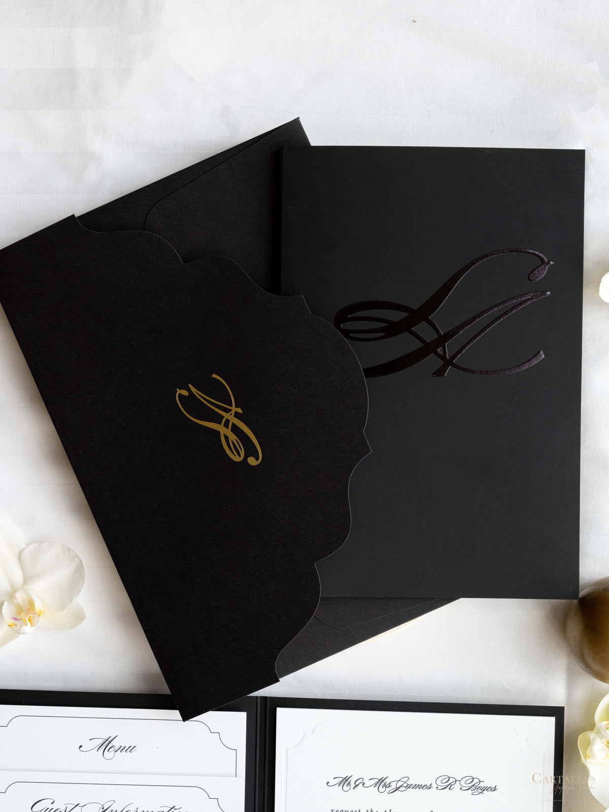 Black Hardcover Booklet Suite with Embossed Monogram & Letterpress | Bespoke Commission L&A