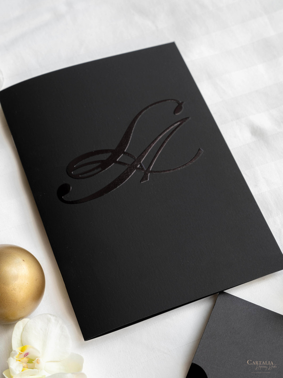 Black Hardcover Booklet Suite with Embossed Monogram & Letterpress | Bespoke Commission L&A