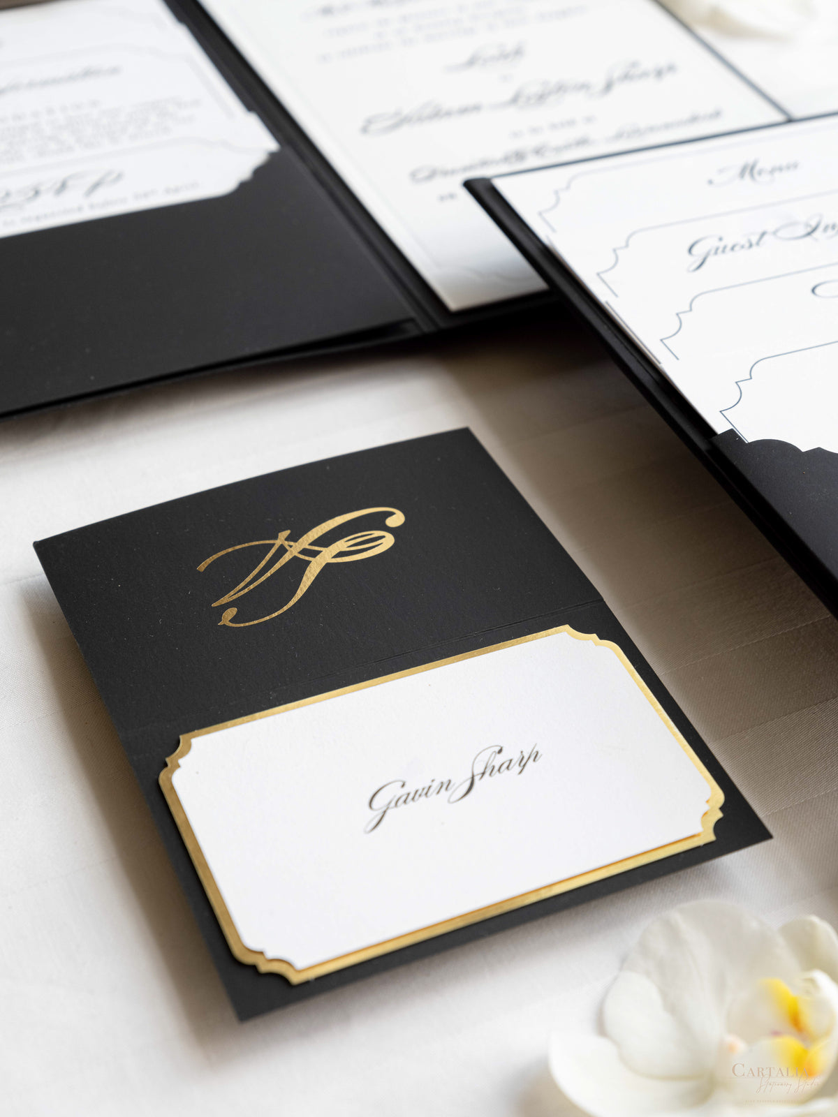 Black Hardcover Booklet Suite with Embossed Monogram & Letterpress | Bespoke Commission L&A