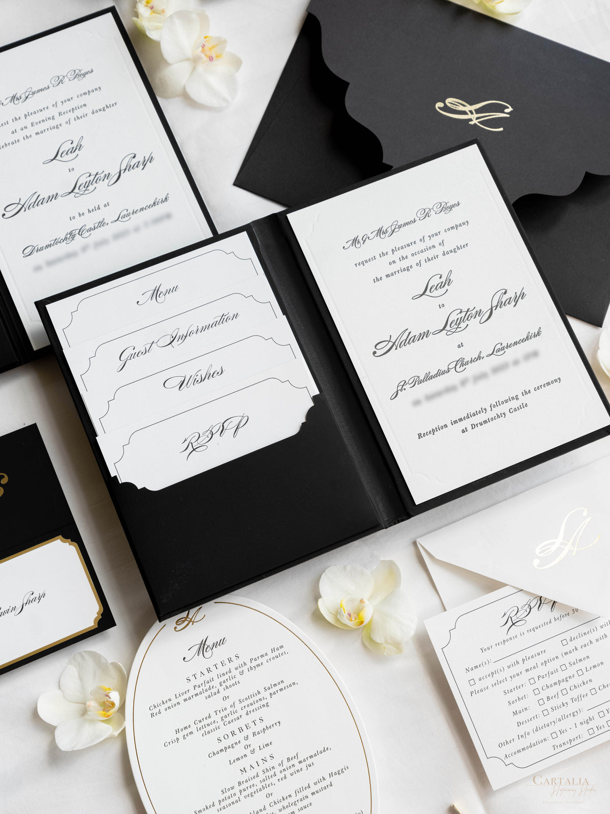 Black Hardcover Booklet Suite with Embossed Monogram & Letterpress | Bespoke Commission L&A