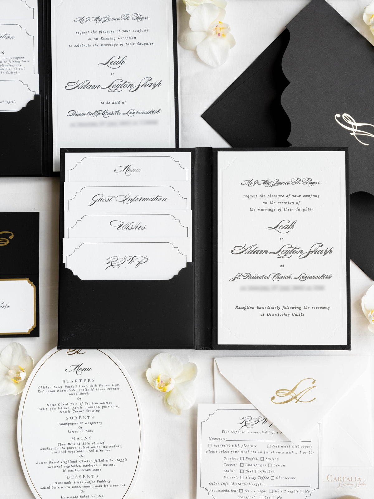 Black Hardcover Booklet Suite with Embossed Monogram & Letterpress | Bespoke Commission L&A