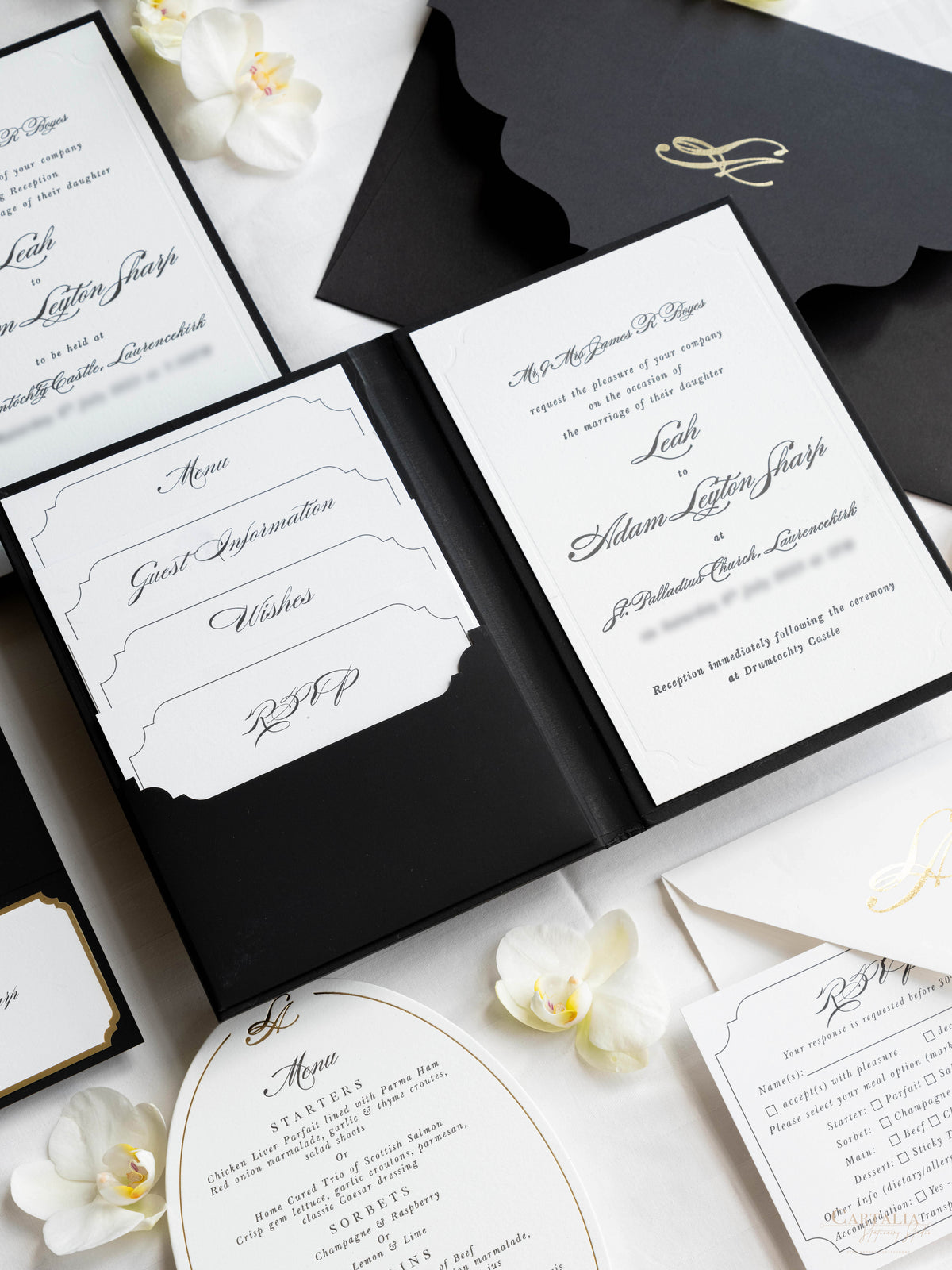Black Hardcover Booklet Suite with Embossed Monogram & Letterpress | Bespoke Commission L&A