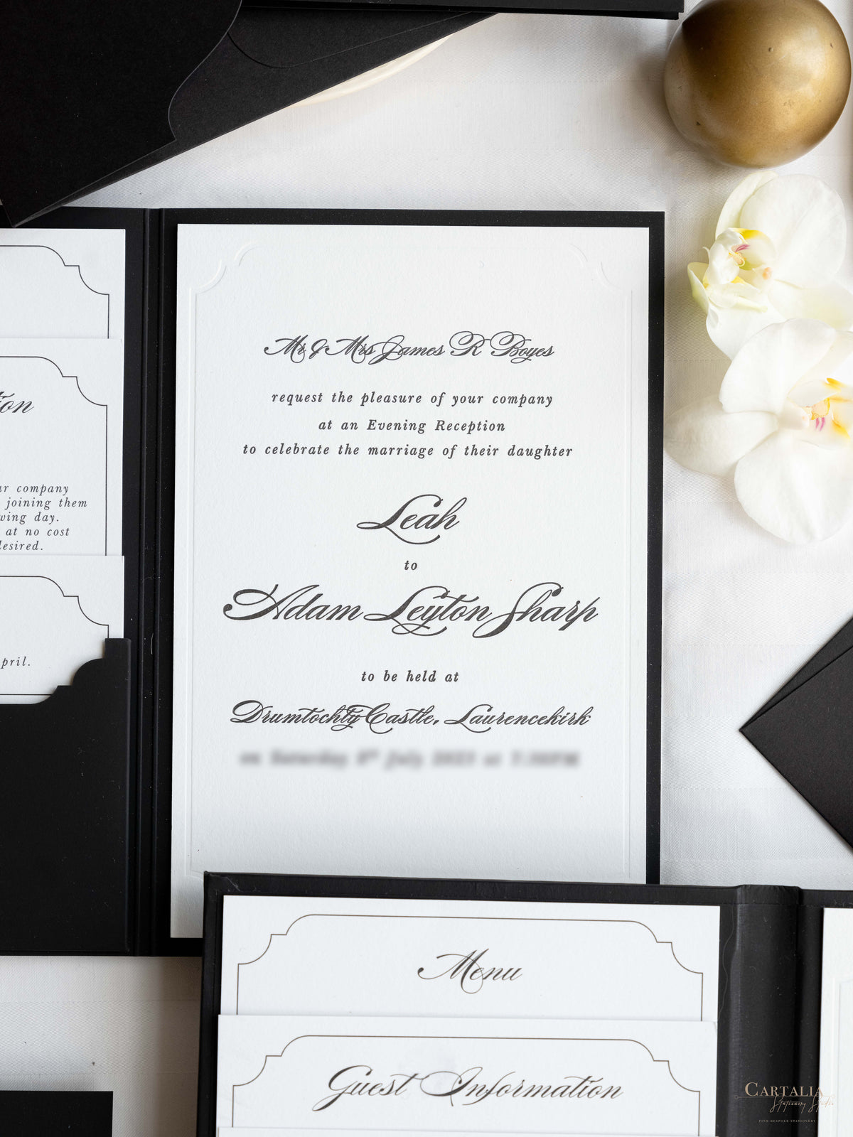 Black Hardcover Booklet Suite with Embossed Monogram & Letterpress | Bespoke Commission L&A