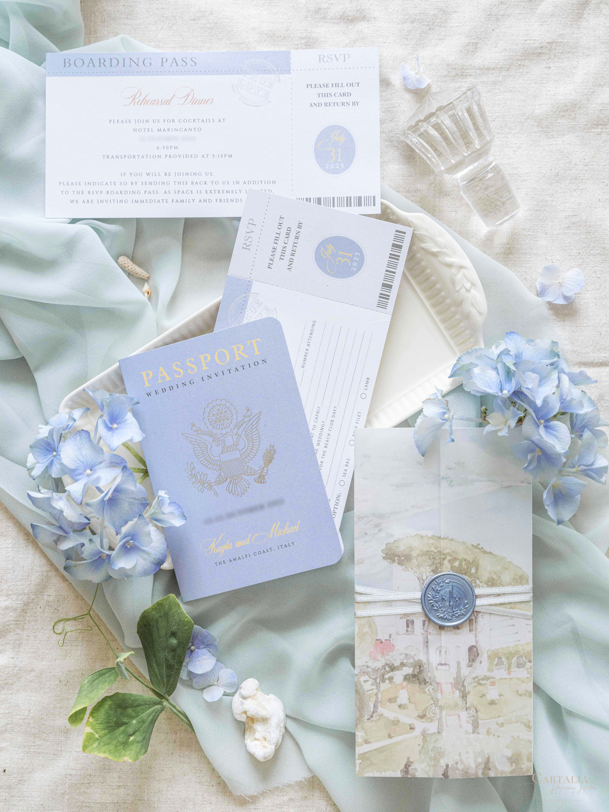 Suite per inviti per passaporto con disegno personalizzato per acquerello su pergamena | Villa Eva, Ravello, Costiera Amalfitana