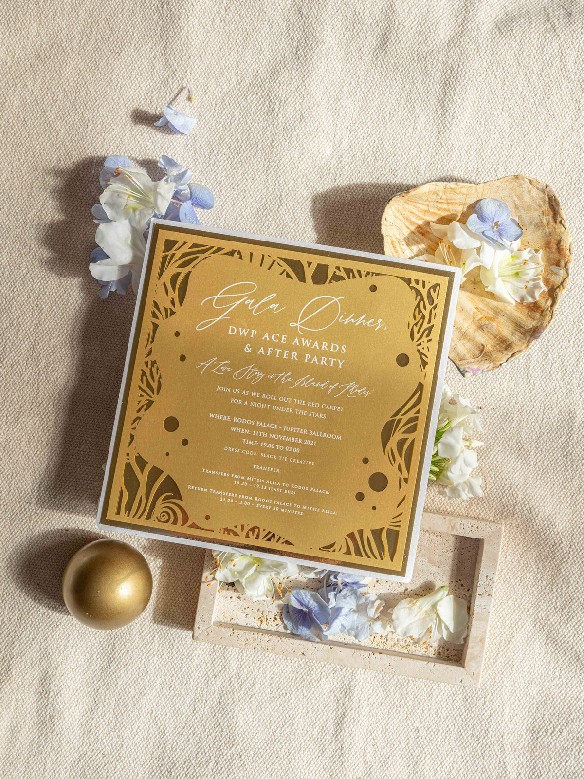 DWP Congress Gala Dinner Stationery with Gold Mirror and Coral Reef Cutouts | Rhodes, Greece