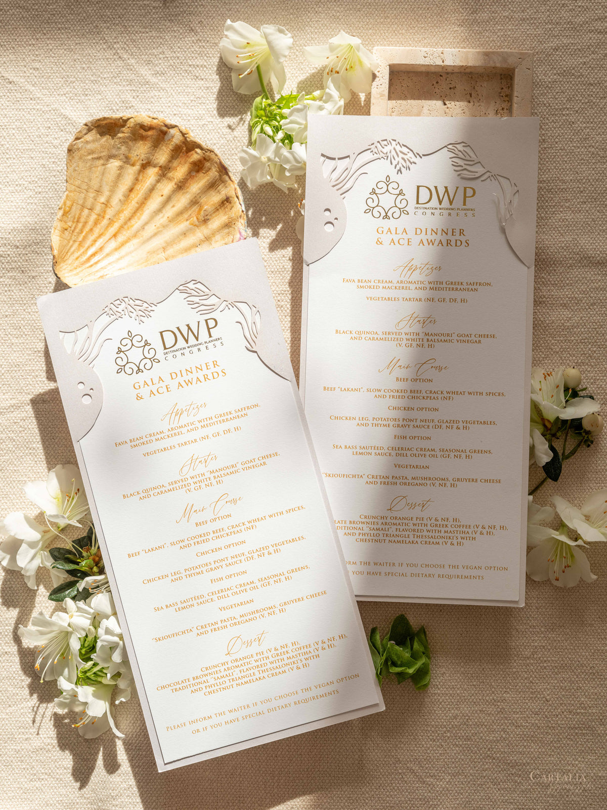 DWP Congress Menu with Gold Foil, Laser Cut Coral Reef | Rhodes Island, Greece