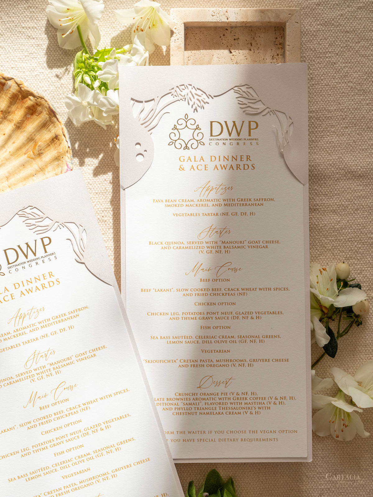 DWP Congress Menu with Gold Foil, Laser Cut Coral Reef | Rhodes Island, Greece