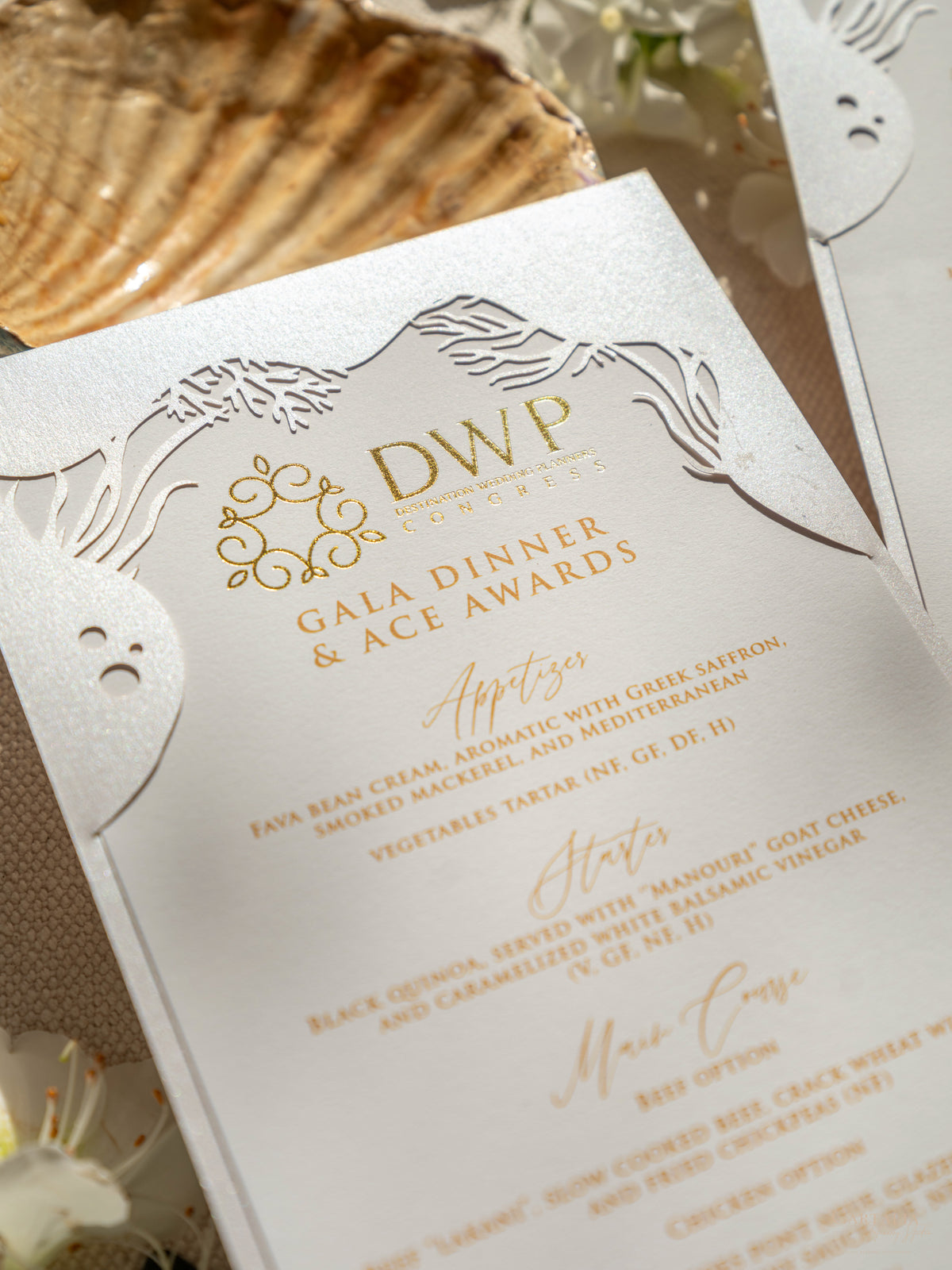 DWP Congress Menu with Gold Foil, Laser Cut Coral Reef | Rhodes Island, Greece