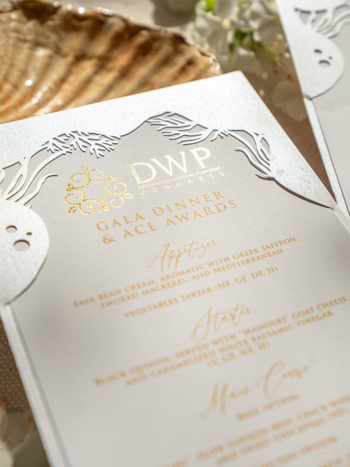DWP Congress Menu with Gold Foil, Laser Cut Coral Reef | Rhodes Island, Greece