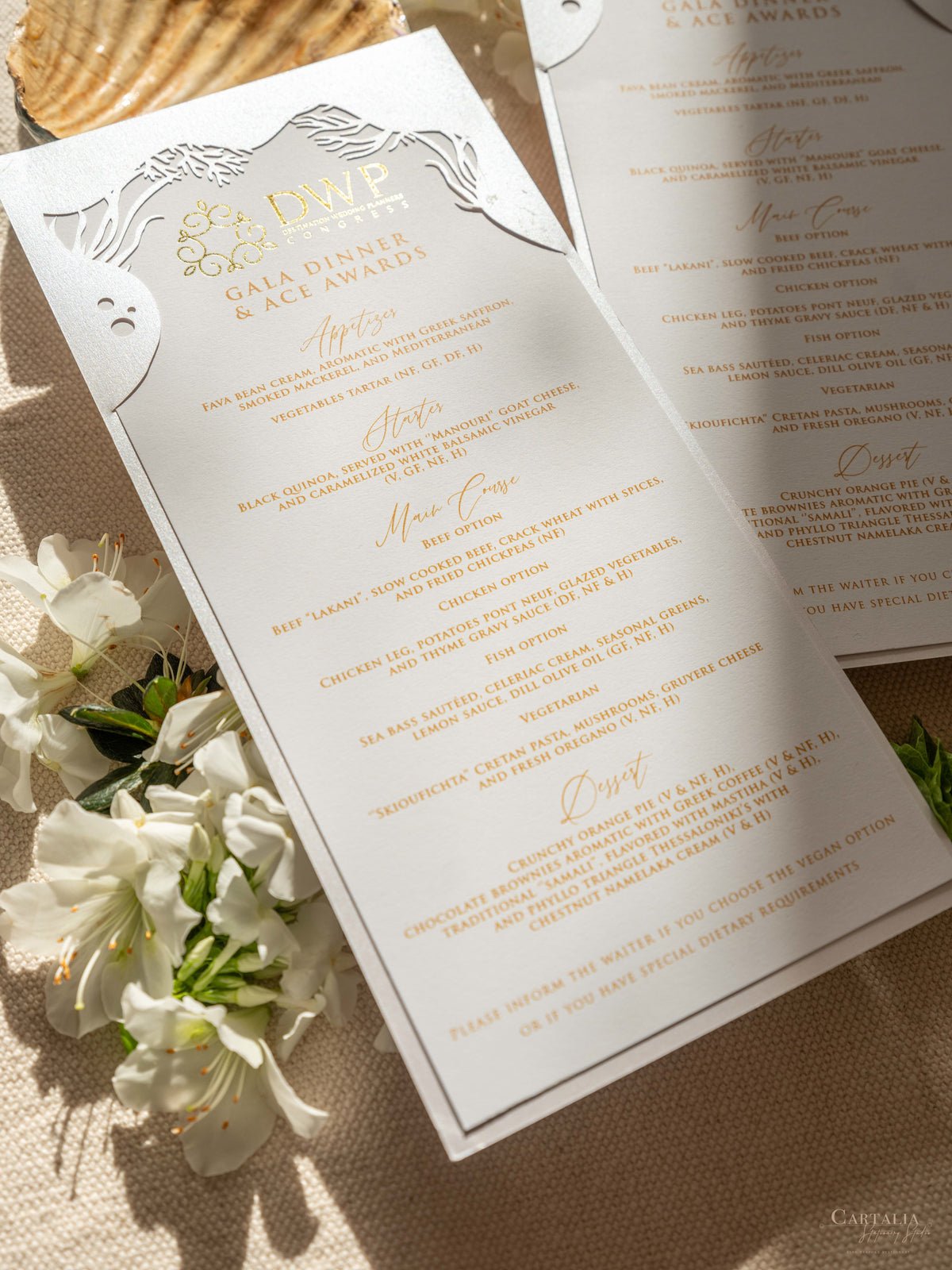 DWP Congress Menu with Gold Foil, Laser Cut Coral Reef | Rhodes Island, Greece