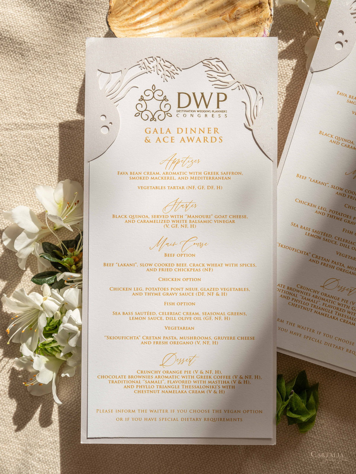 DWP Congress Menu with Gold Foil, Laser Cut Coral Reef | Rhodes Island, Greece