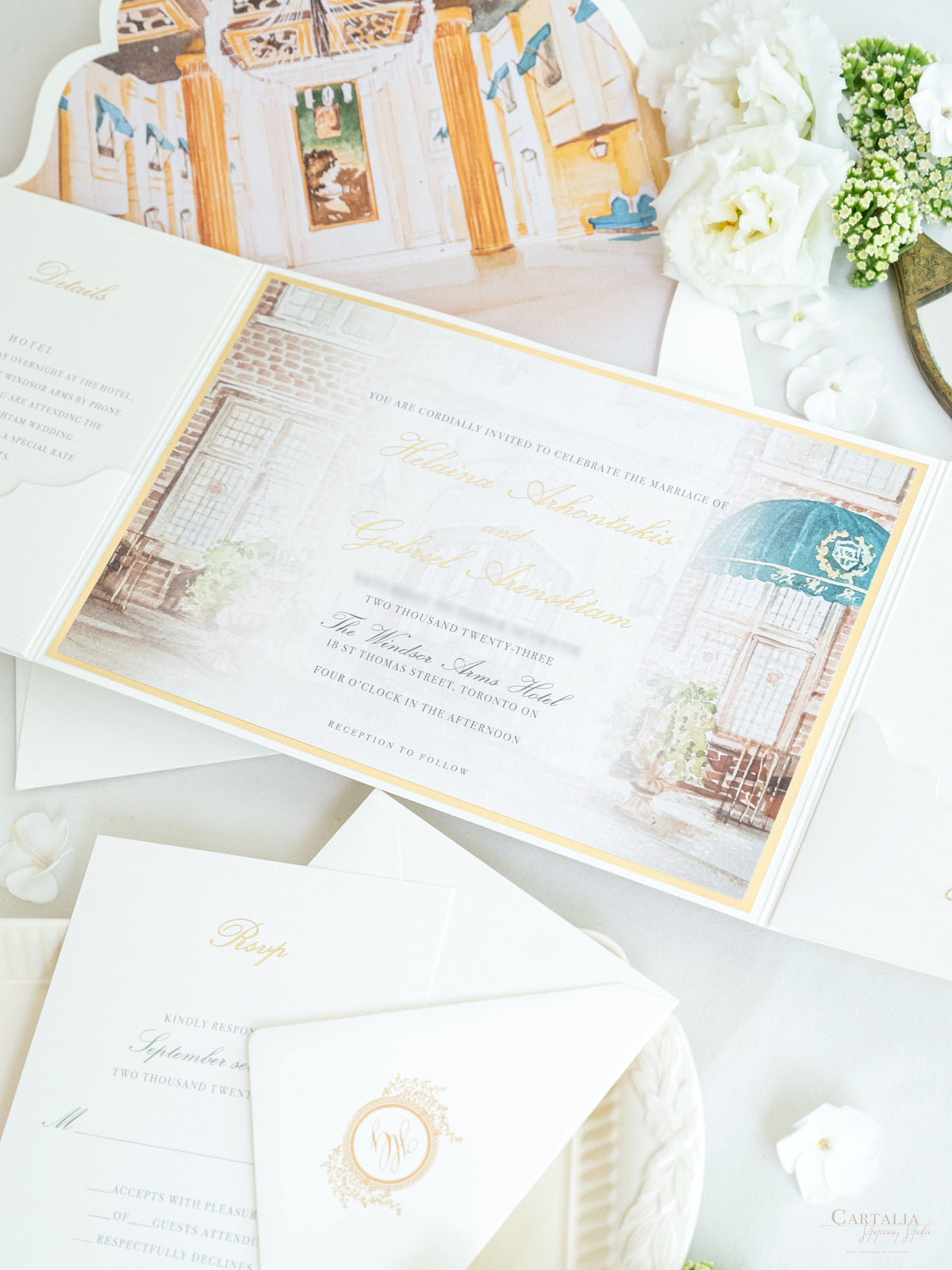 Luxury Wedding Invitation with BESPOKE | Gold Foil Monogram | Watercolor Venue Painting | The Windsor Arms Hotel, Toronto