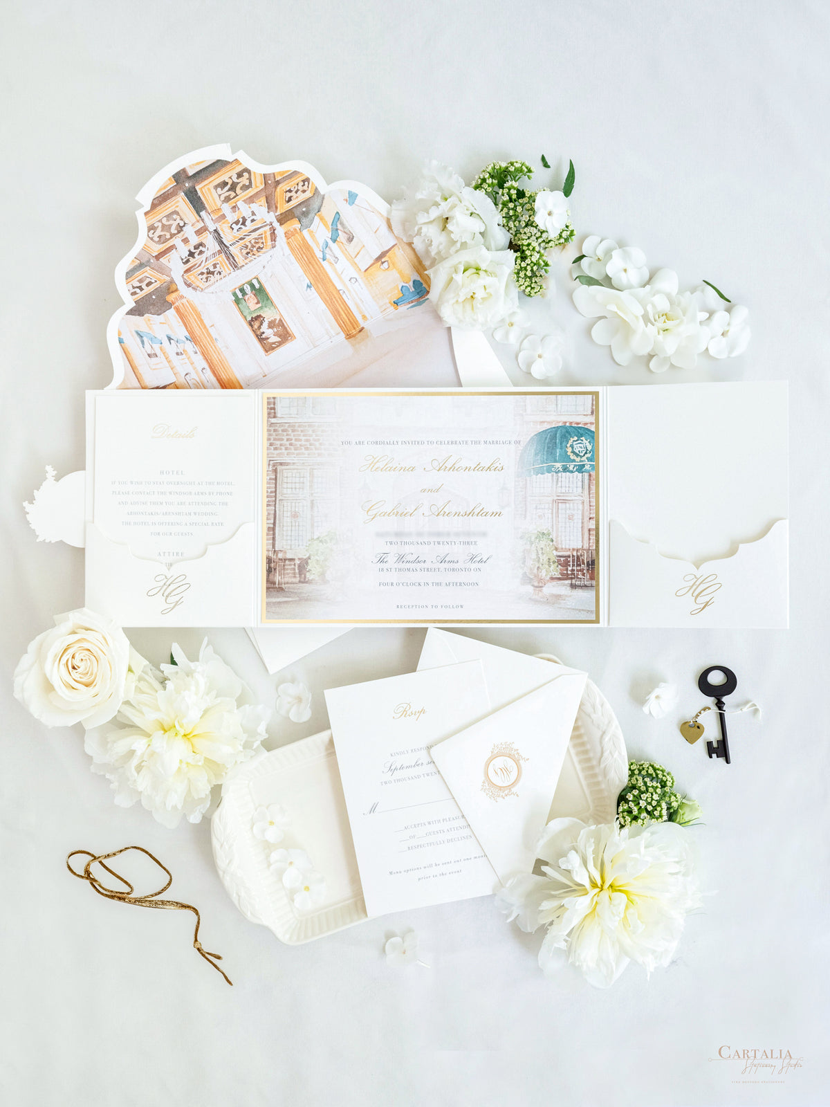 Luxury Wedding Invitation with BESPOKE | Gold Foil Monogram | Watercolor Venue Painting | The Windsor Arms Hotel, Toronto