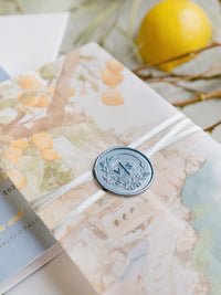 Amalfi Coast Passport Invitation, Lemon Italian Wedding Suite with Custom Vellum Watercolour Skyline